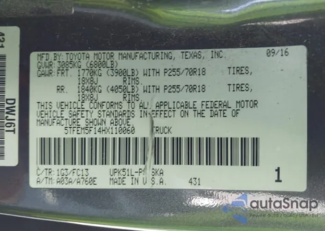 2017 Toyota Tundra Sr5 4.6L V8 из США, поврежденный, VIN 5TFEM5F14HX110060